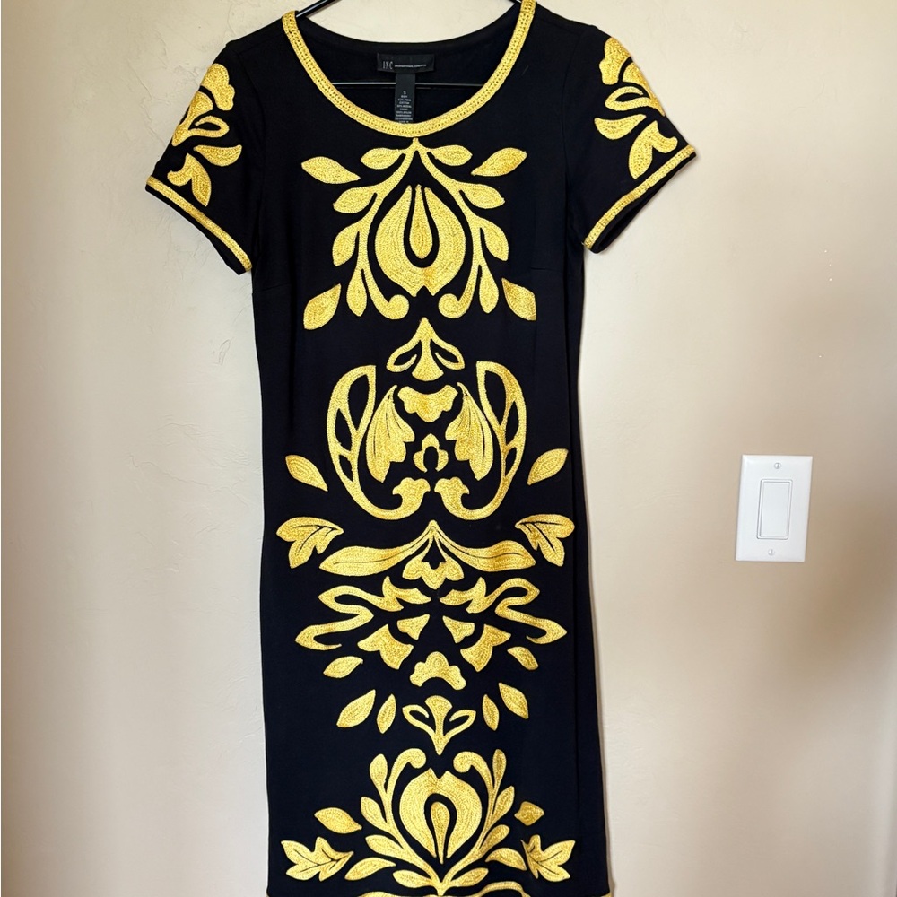 Short Black & yellow Dress with detailed embroidery in yellow